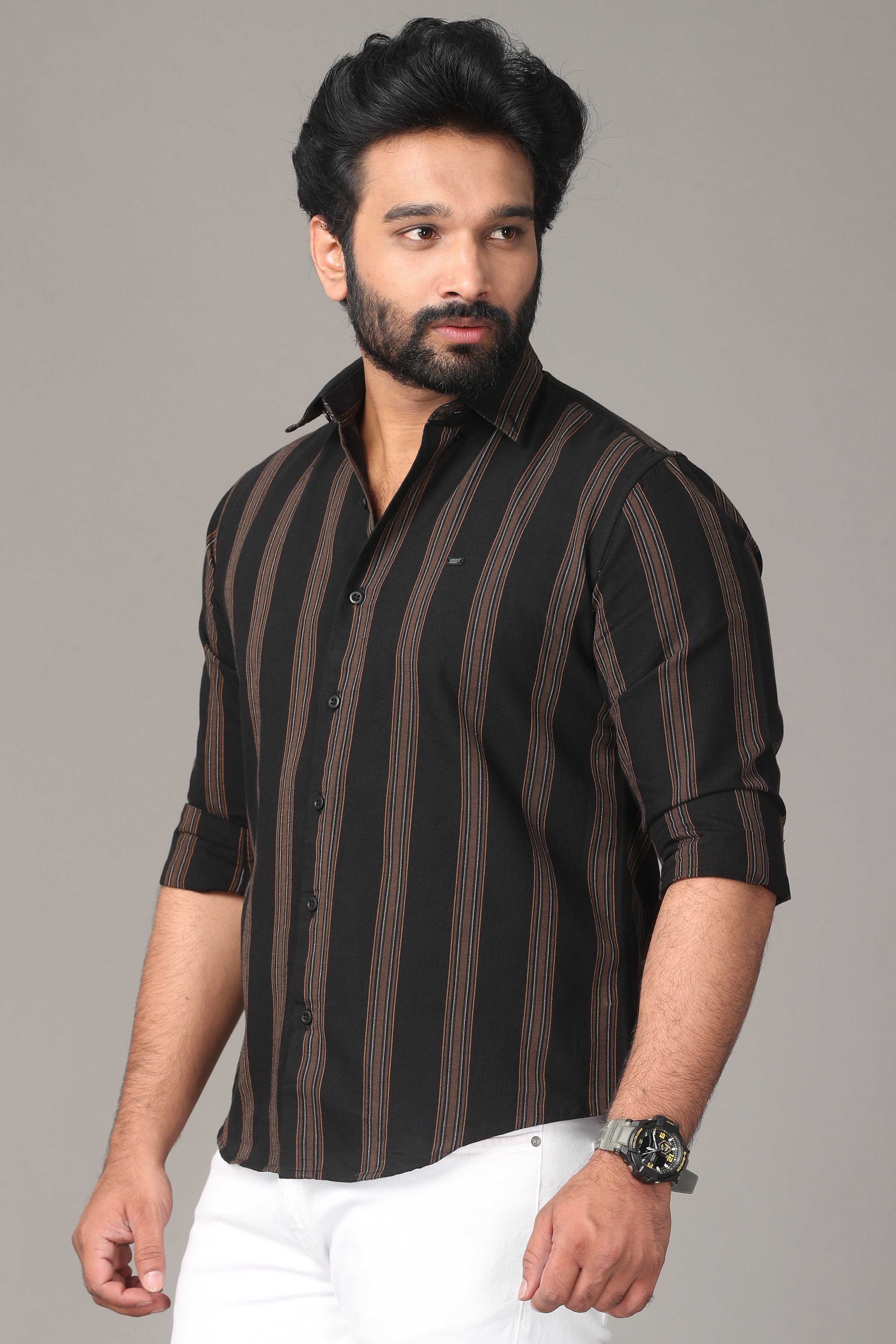 Black Full Sleeve Shirt with Brown Stripes Shirts KEF 