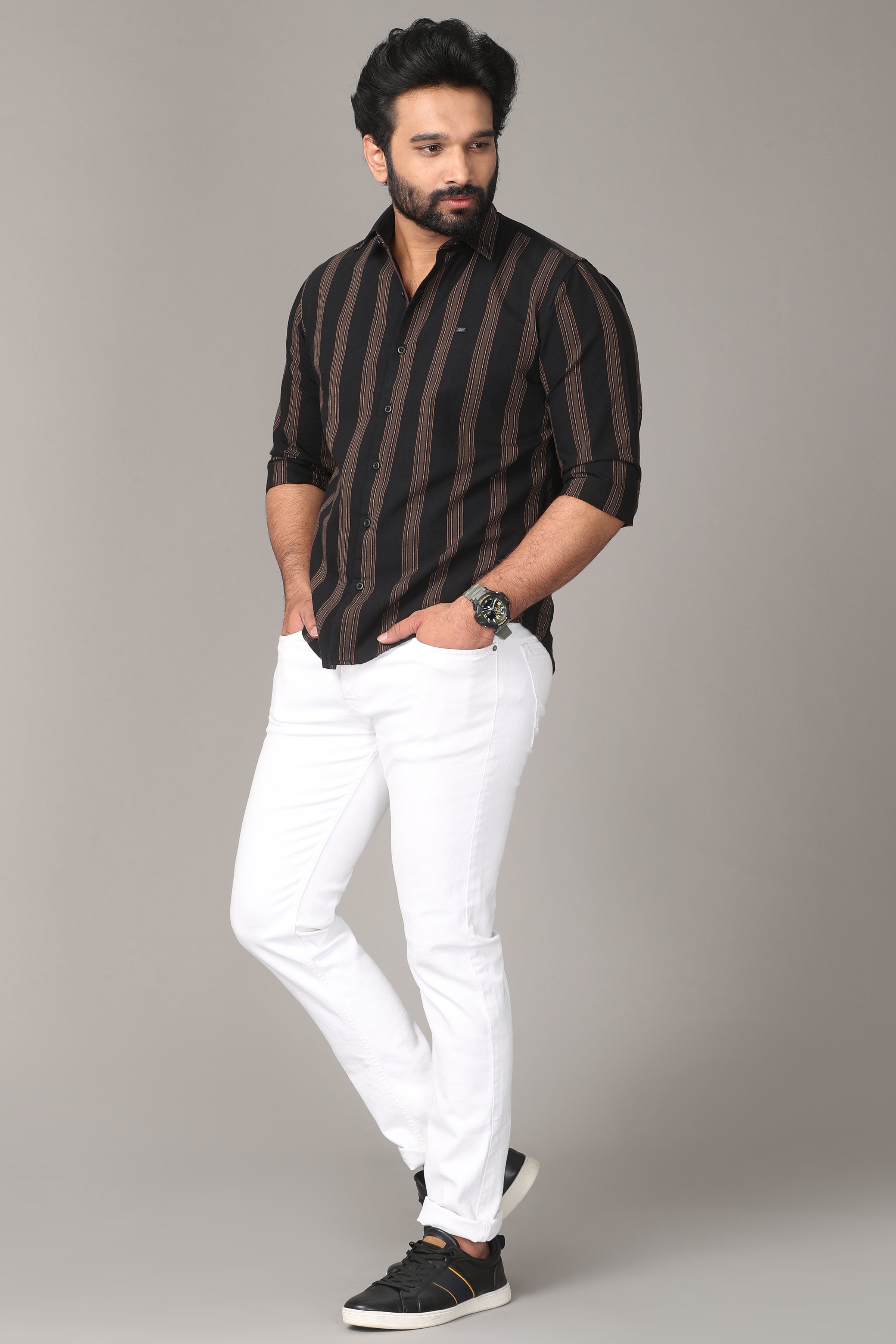 Black Full Sleeve Shirt with Brown Stripes Shirts KEF 