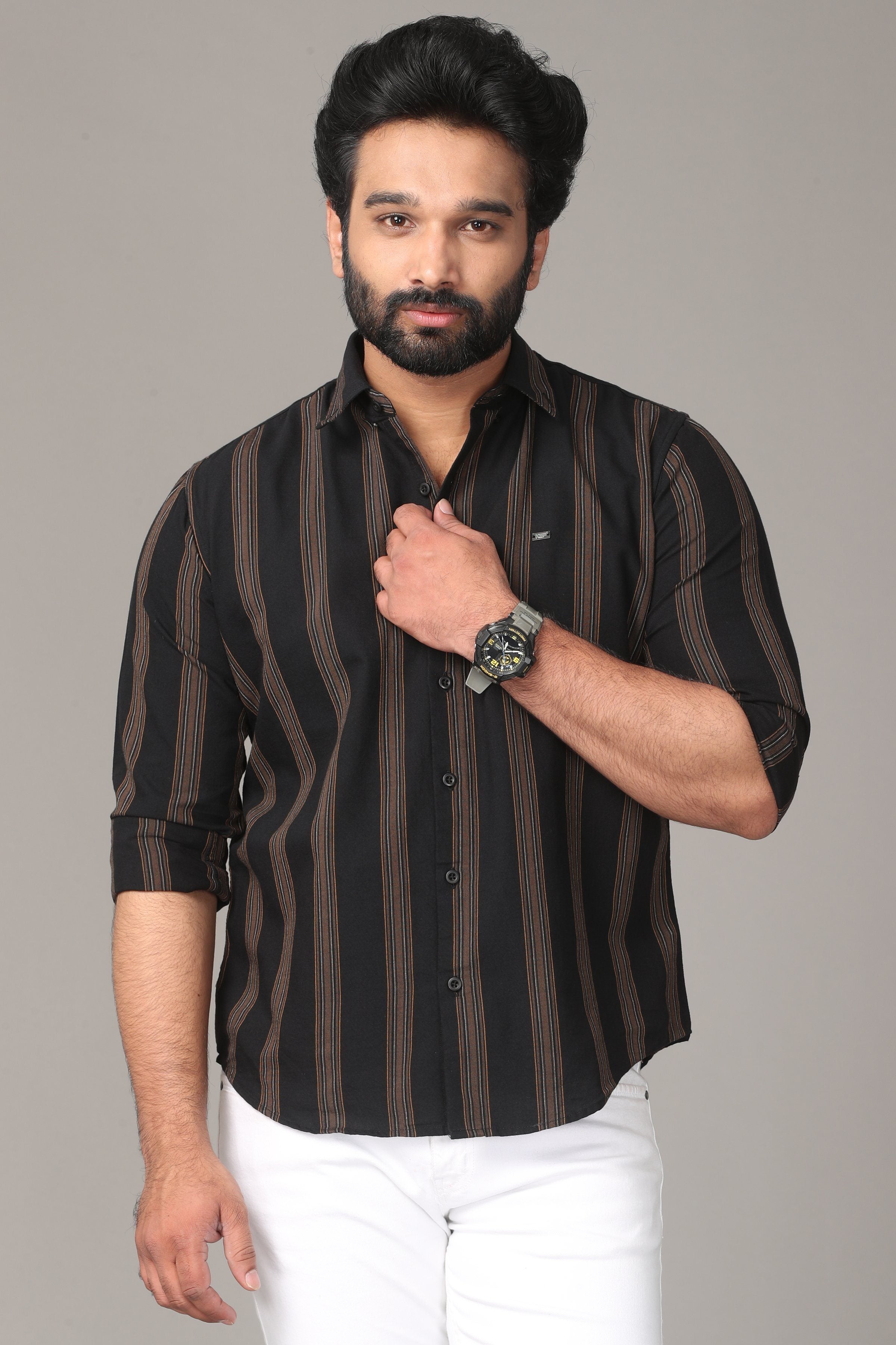 Black Full Sleeve Shirt with Brown Stripes Shirts KEF S 