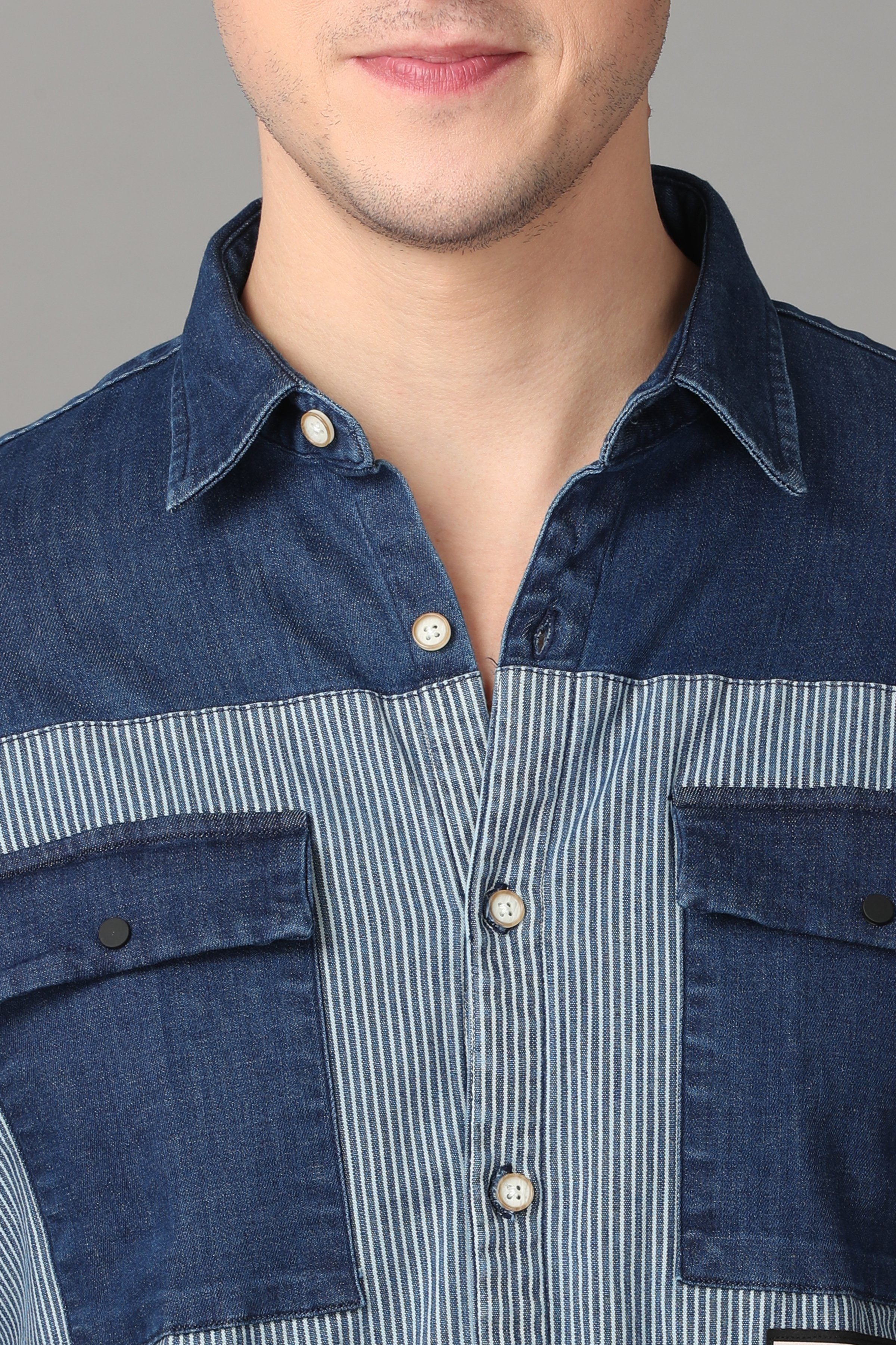 Blue and Grey Denim Shirt - Blue Pocket Shirts KEF 
