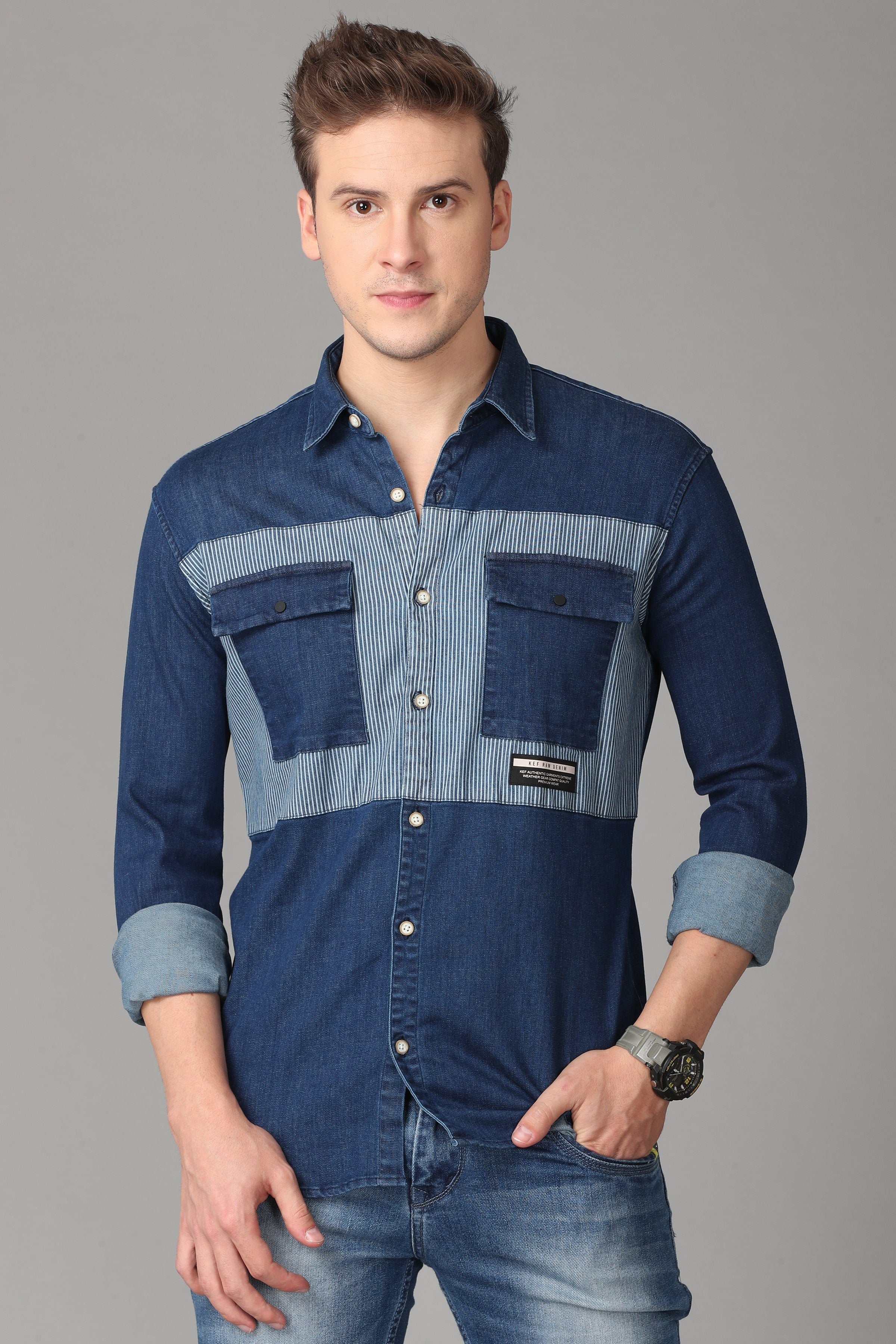 Blue and Grey Denim Shirt - Blue Pocket Shirts KEF S 