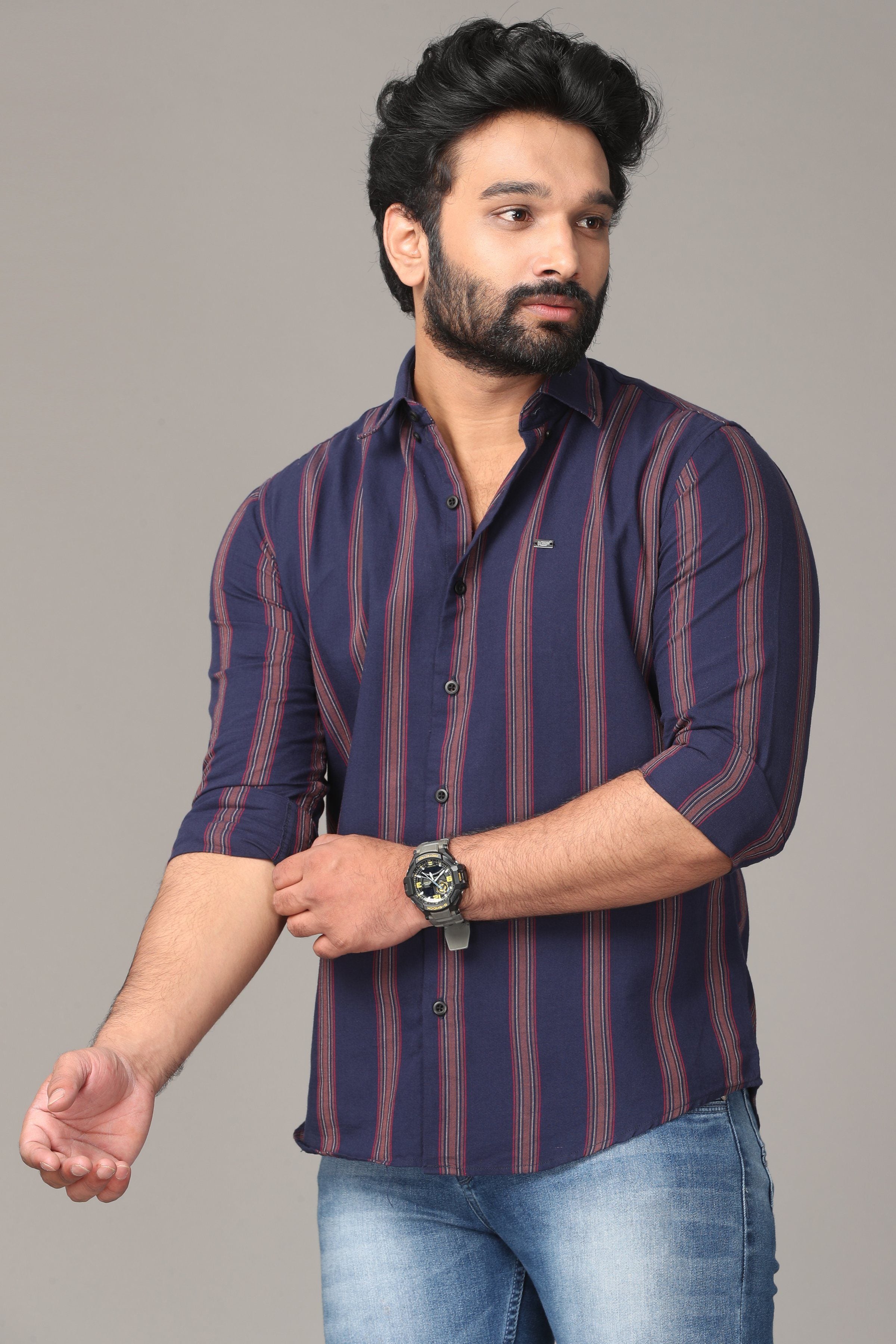 Dark Blue Full Sleeve Shirt with Brown Stripes Shirts KEF 