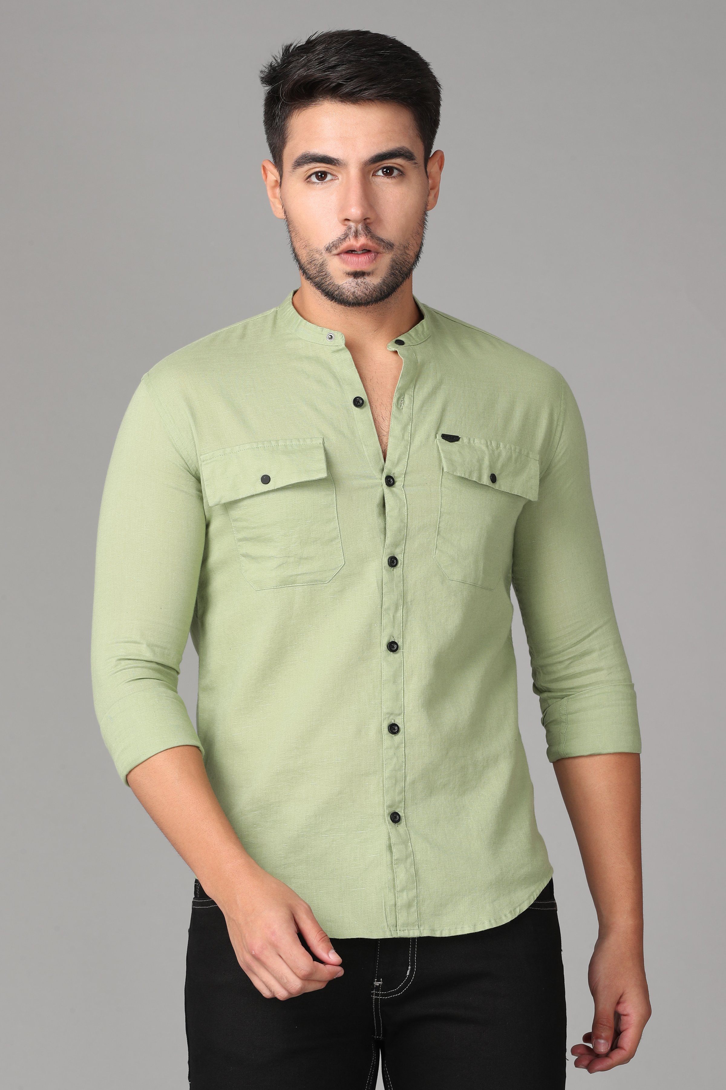 Deep Light Green linen Plain Shirt Shirts KEF S 