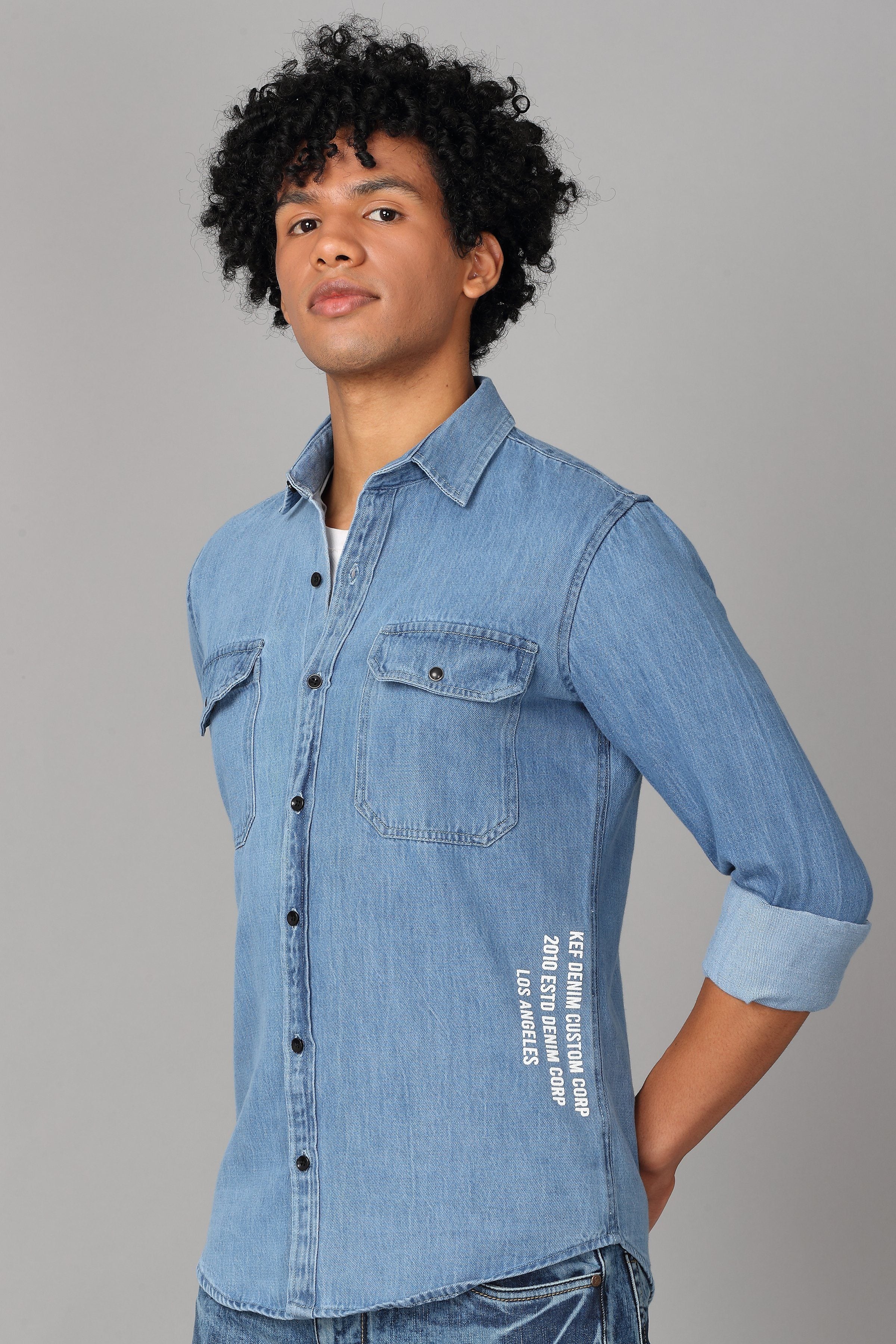 Double Pocket Printed Blue Denim Shirt Shirts KEF 