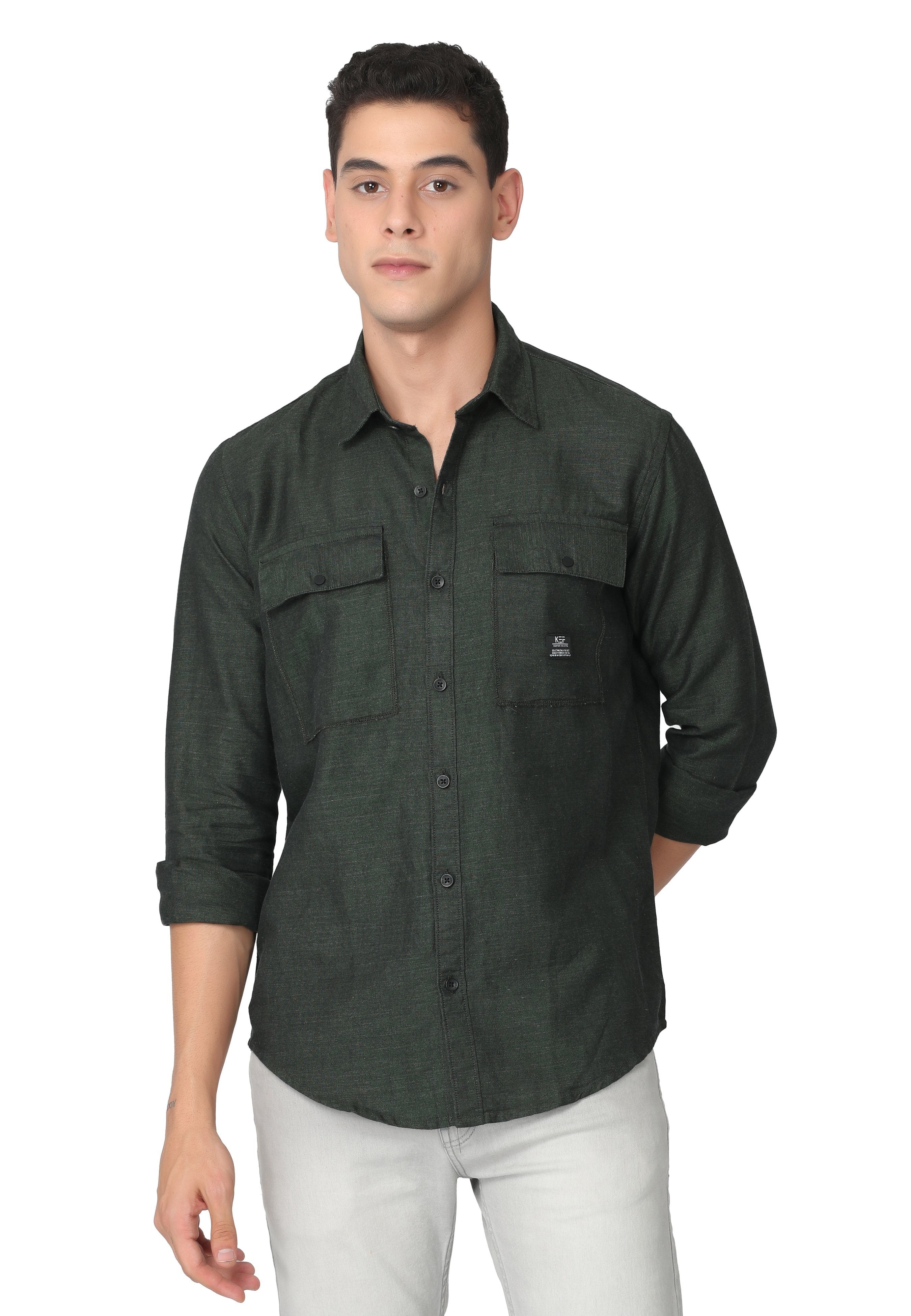 Green Solid Regular Fit Casual Shirt Shirts KEF S 
