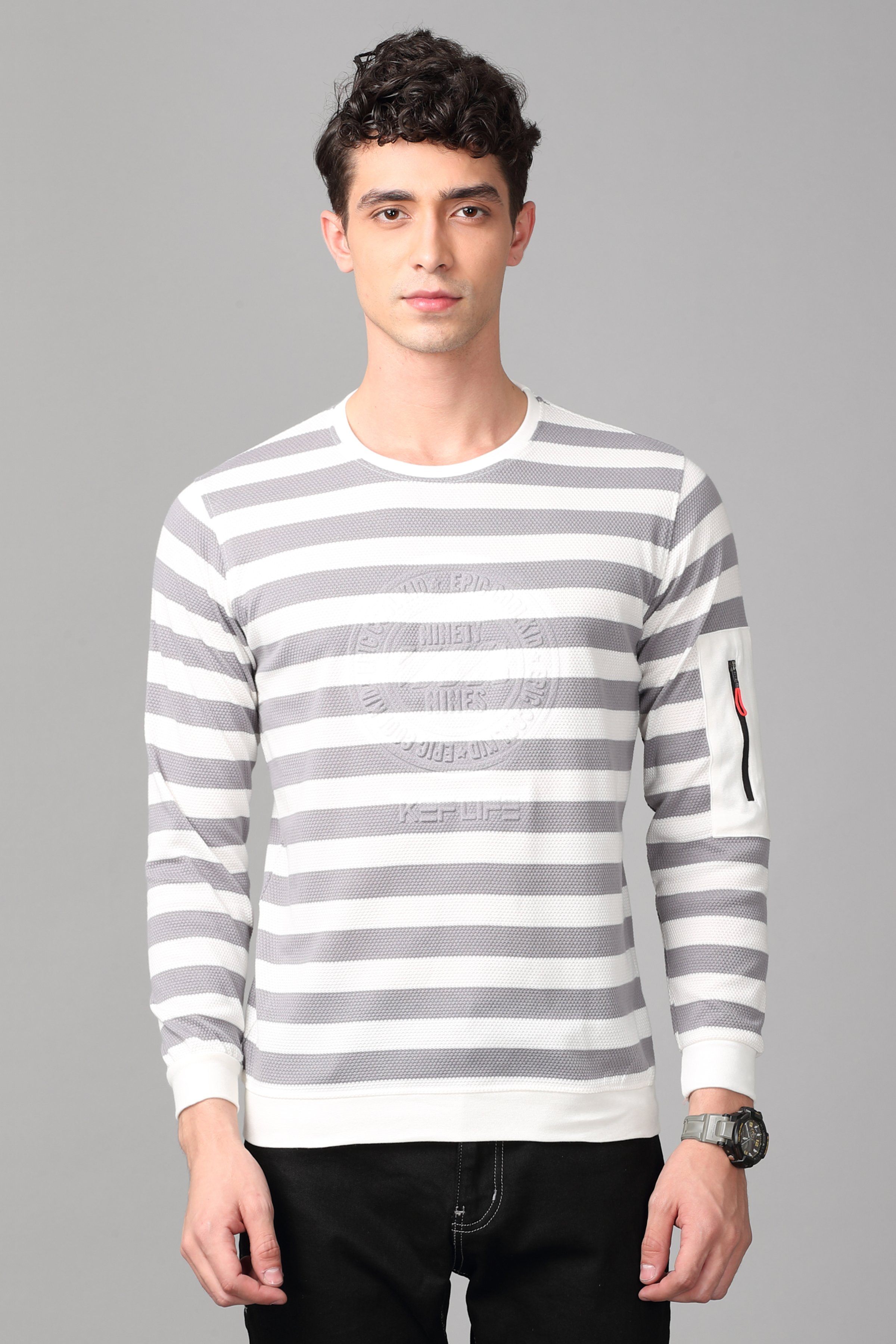 KEF Men's Gray & White Striped Pullover Sweater Sweater KEF 