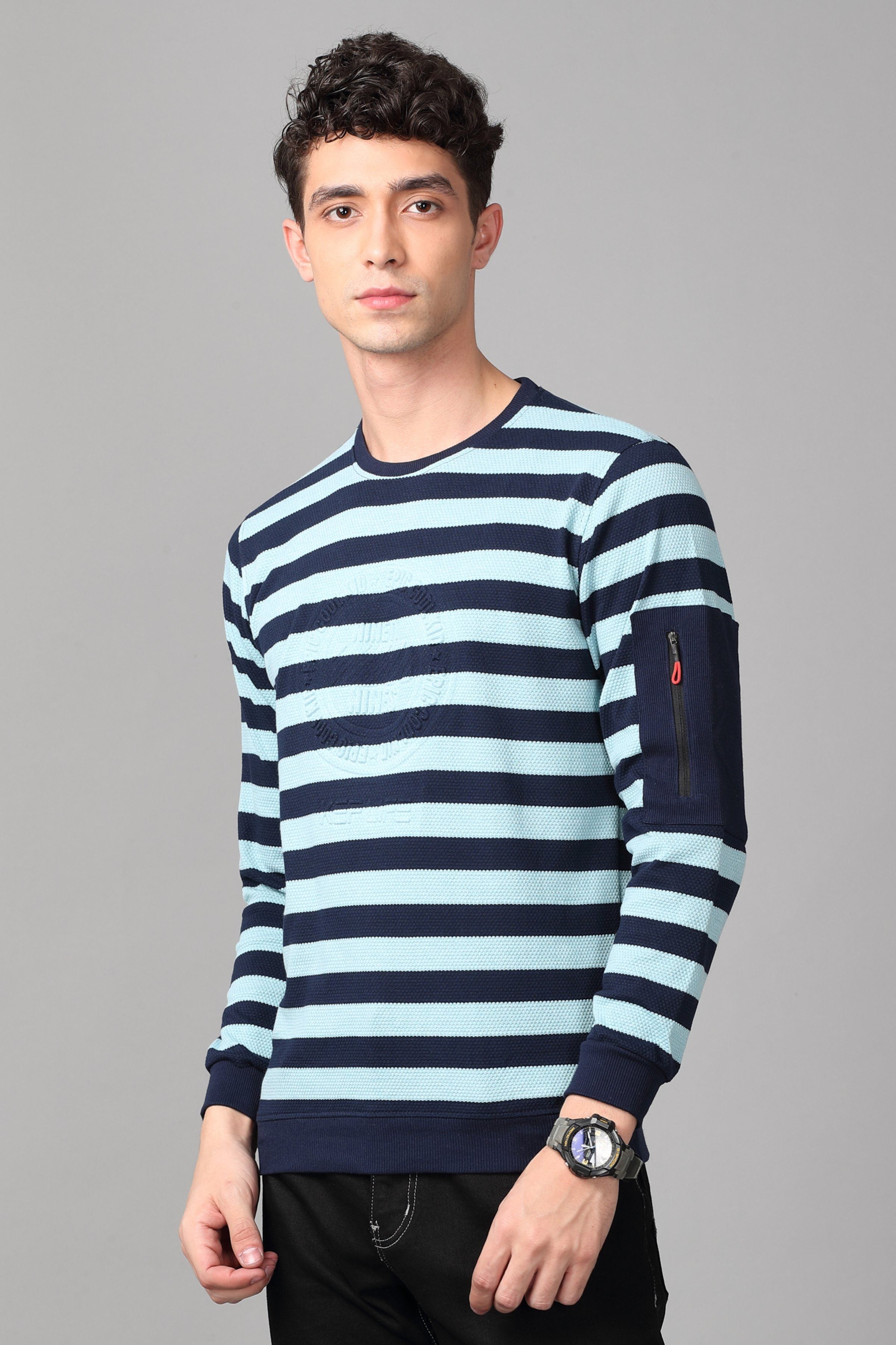 KEF Men's Ocean Blue & Navy Striped Pullover Sweater Sweater KEF S 