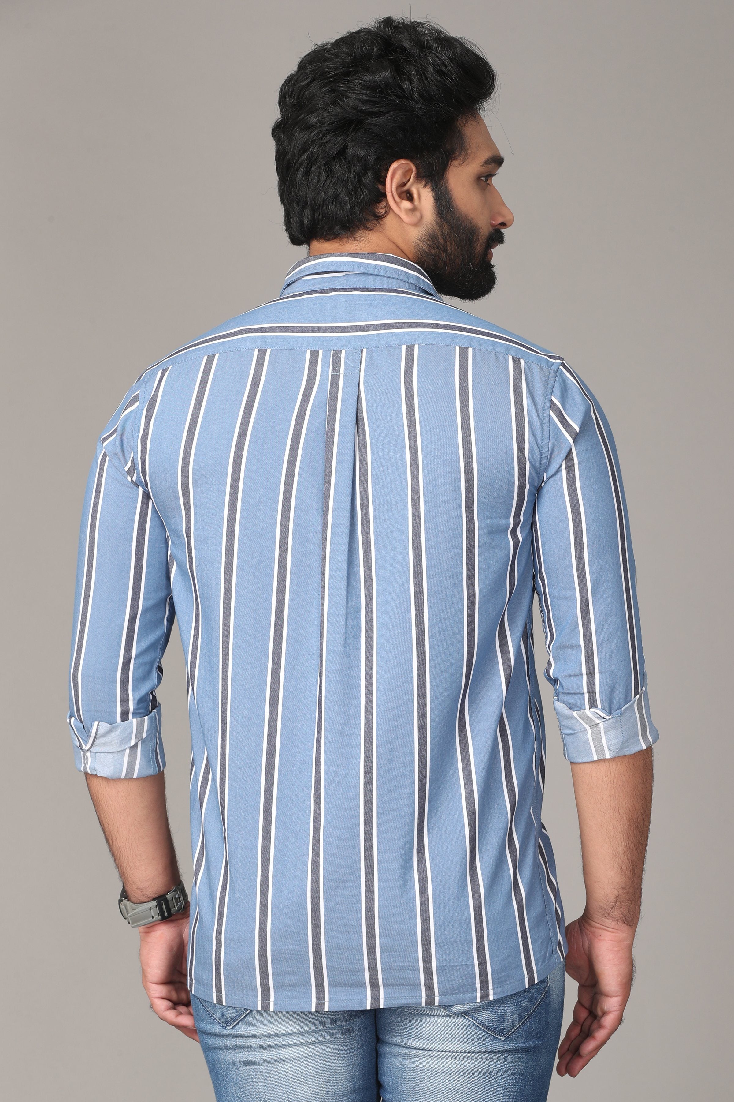 Light Blue Dual Striped Full Sleeve Shirt Shirts KEF 