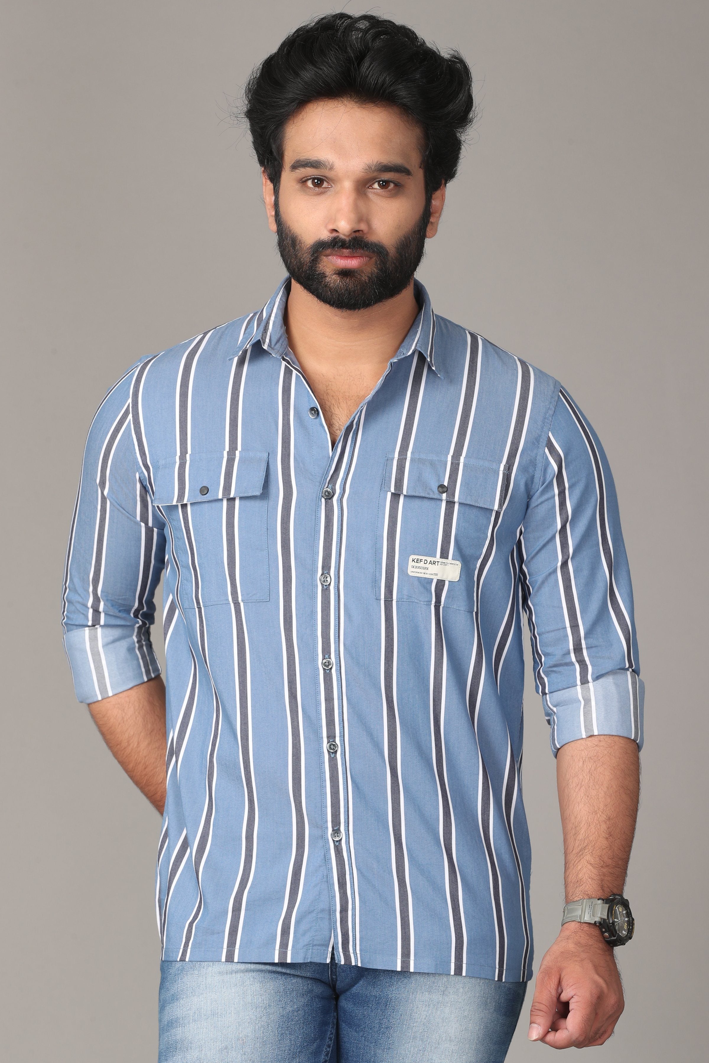 Light Blue Dual Striped Full Sleeve Shirt Shirts KEF S 