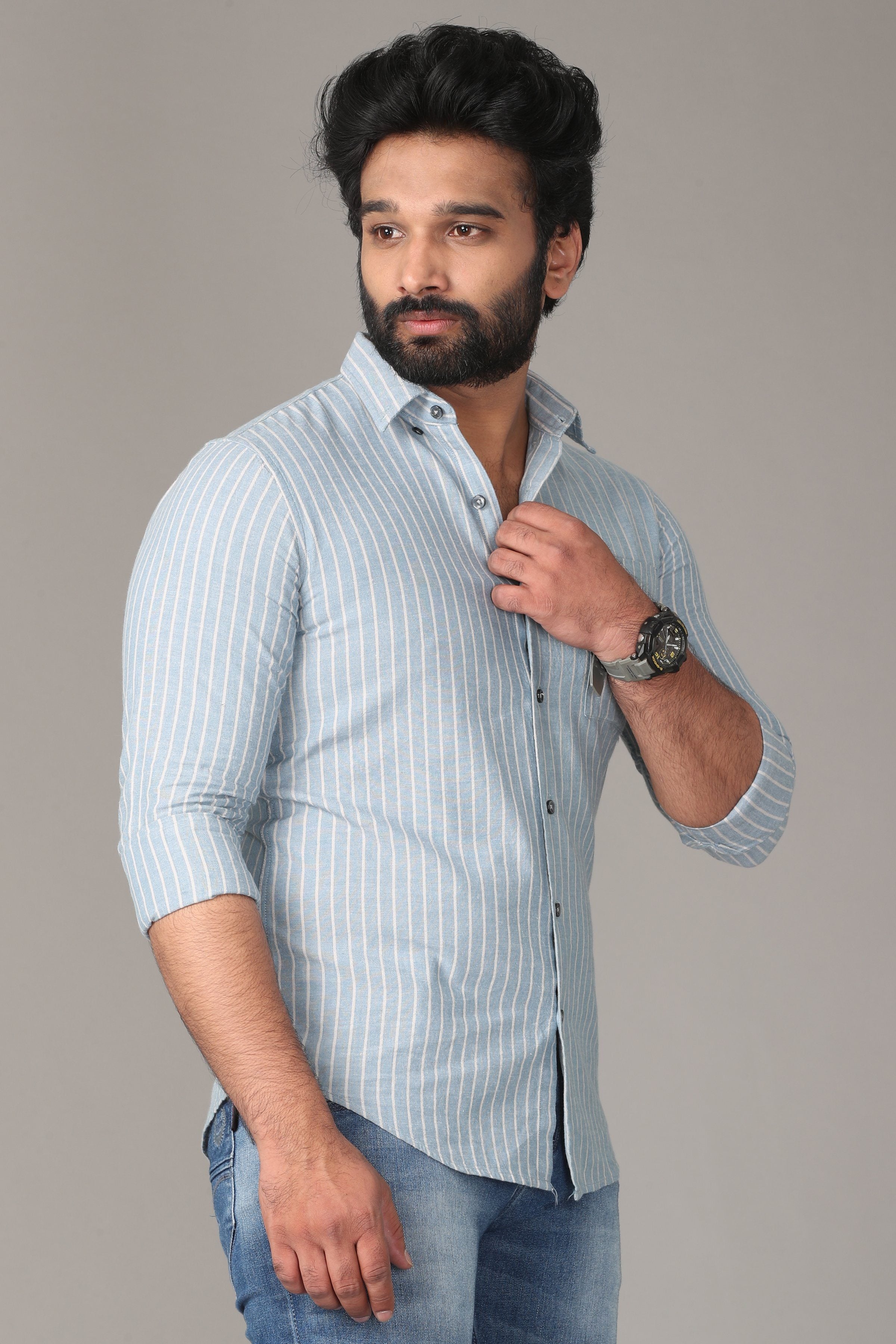 Light Blue Striped Full Sleeve Shirt Shirts KEF 