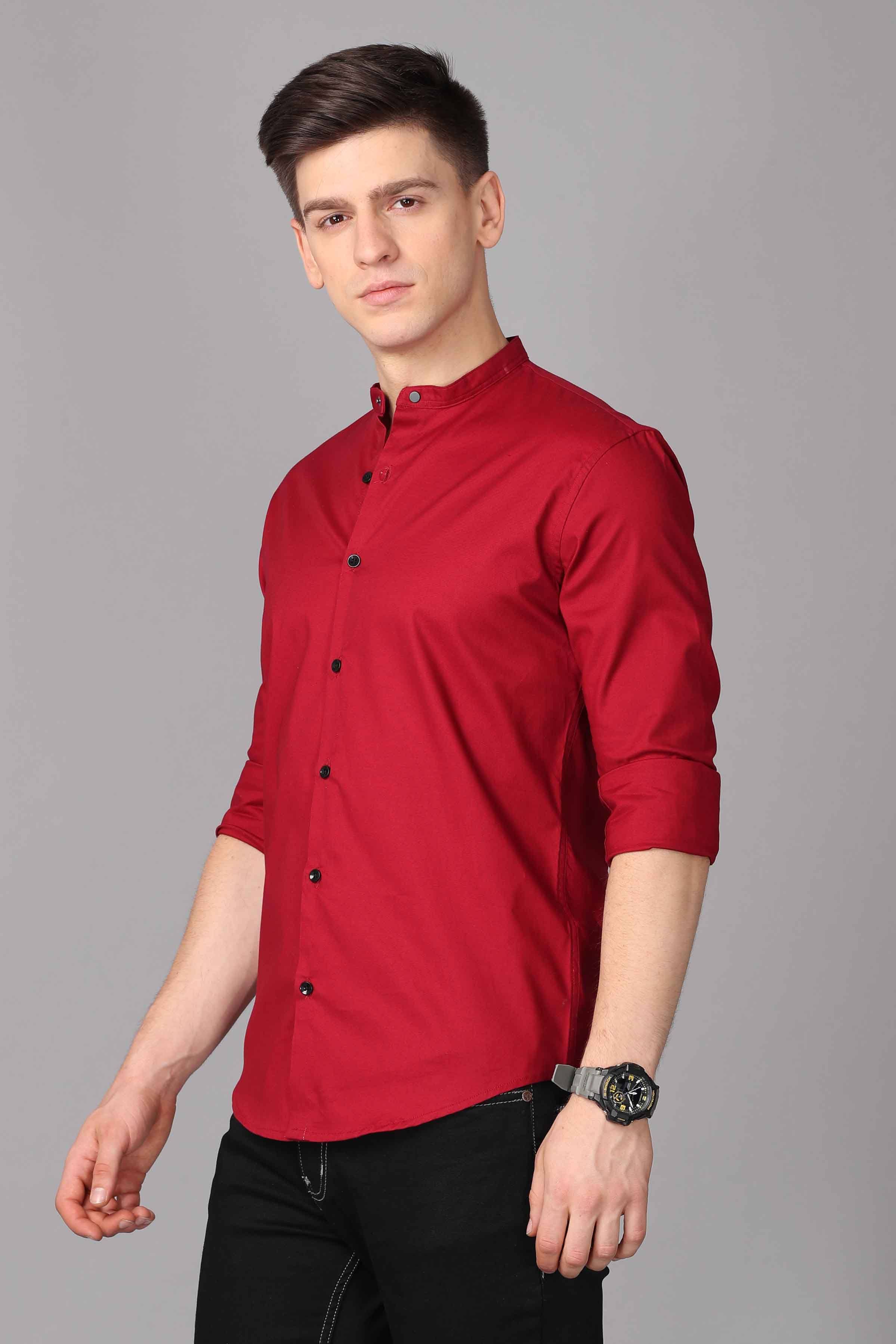 Maroon Long Sleeve Band Collar Shirt Shirts KEF 