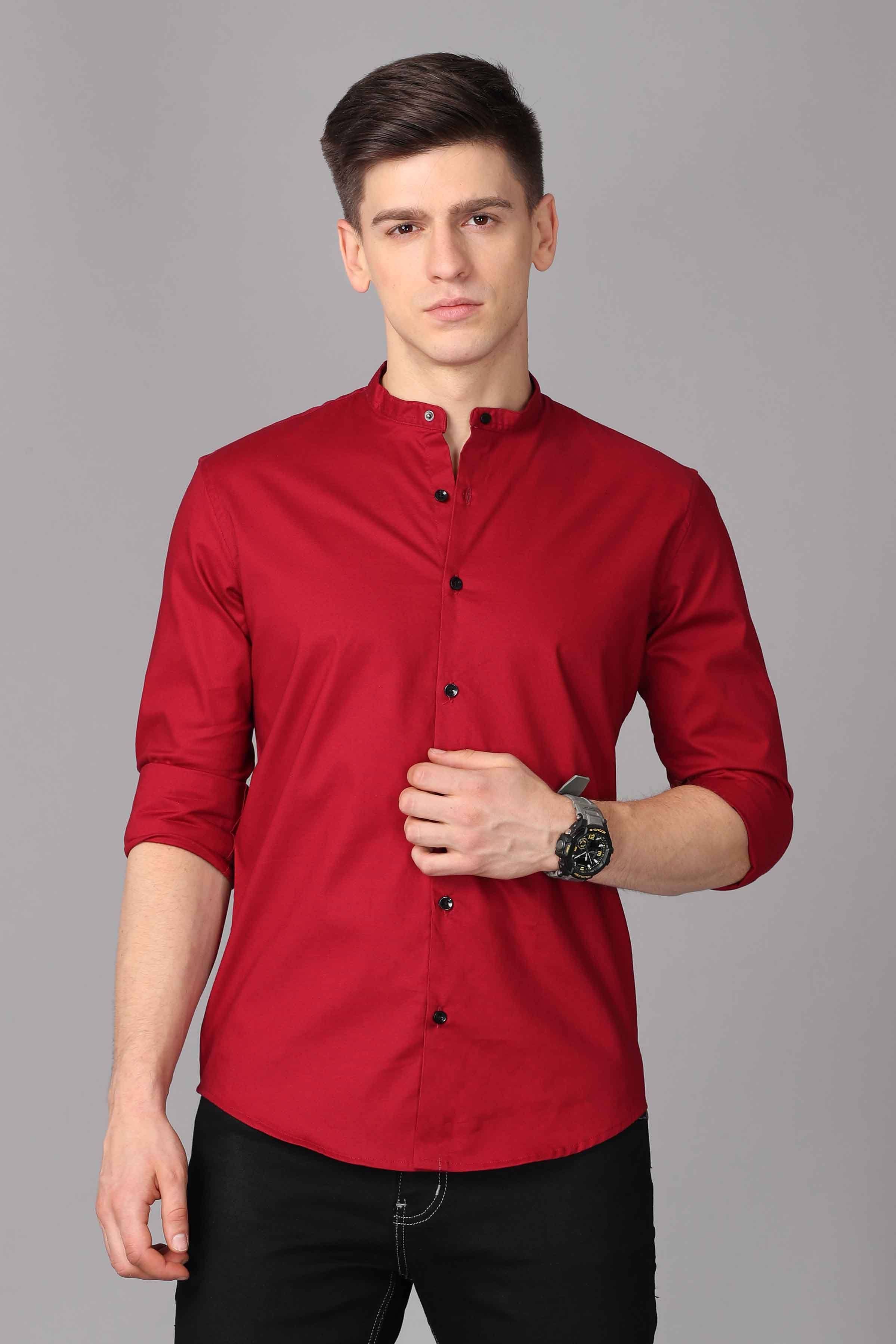 Maroon Long Sleeve Band Collar Shirt Shirts KEF S 