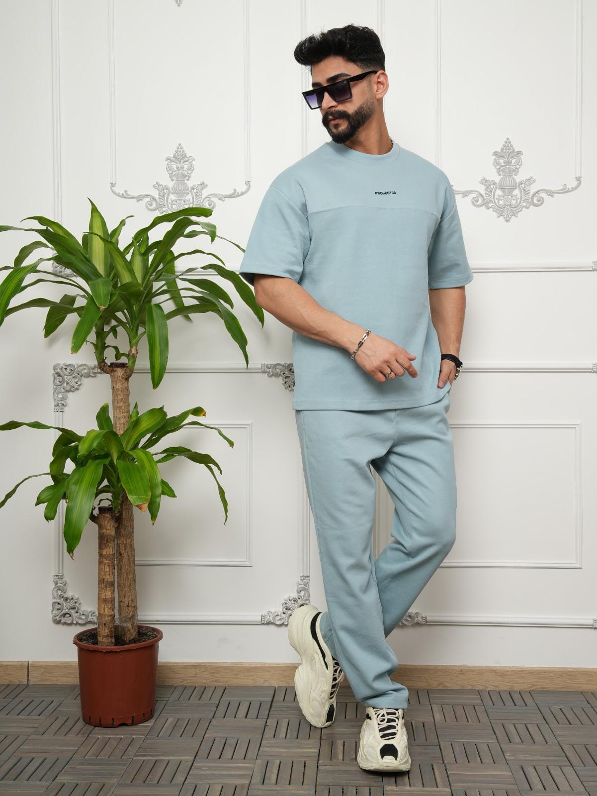 Men Solid Tee & Pants Set Co-ords Project 30 S Blue 
