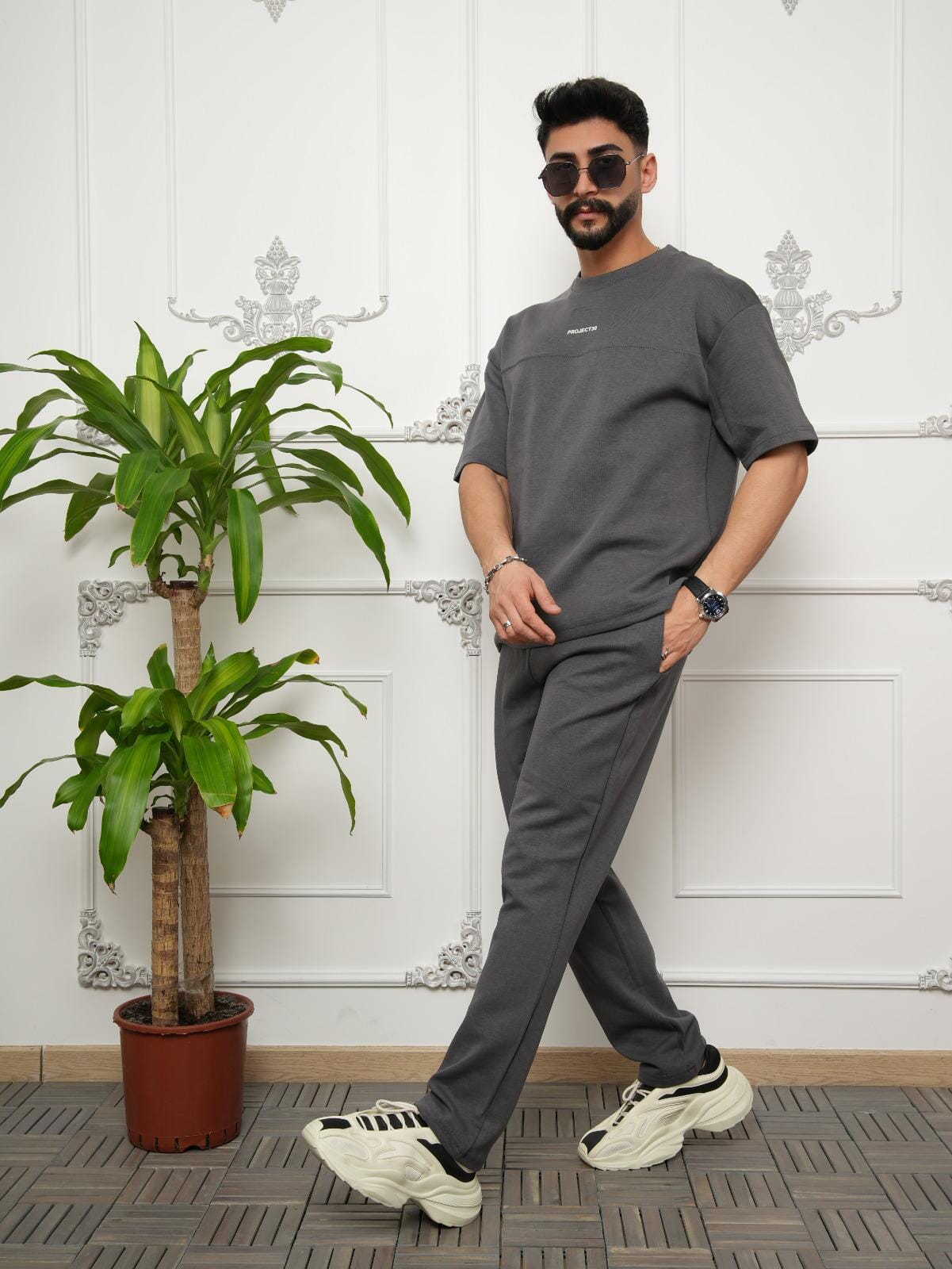 Men Solid Tee & Pants Set Co-ords Project 30 S Grey 