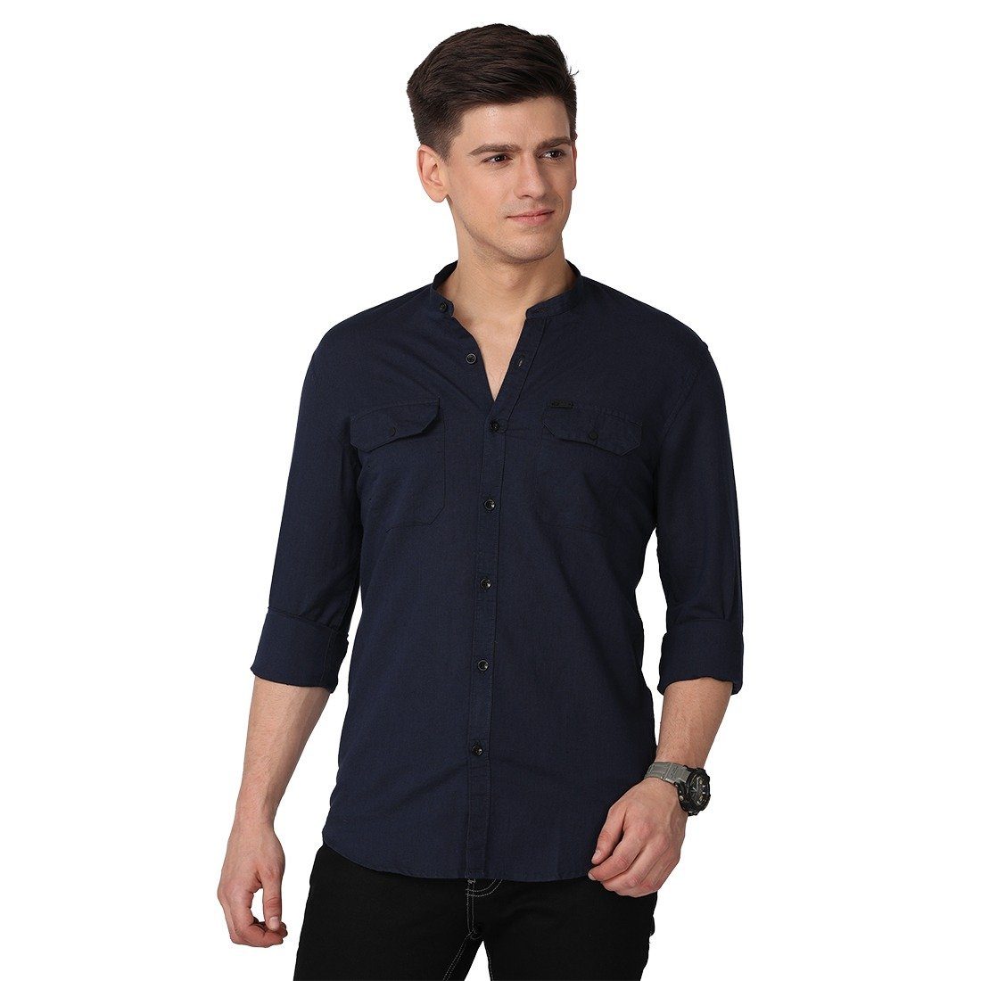 Men's Long Sleeve Band Collar Shirt Shirts KEF M Dark Blue 