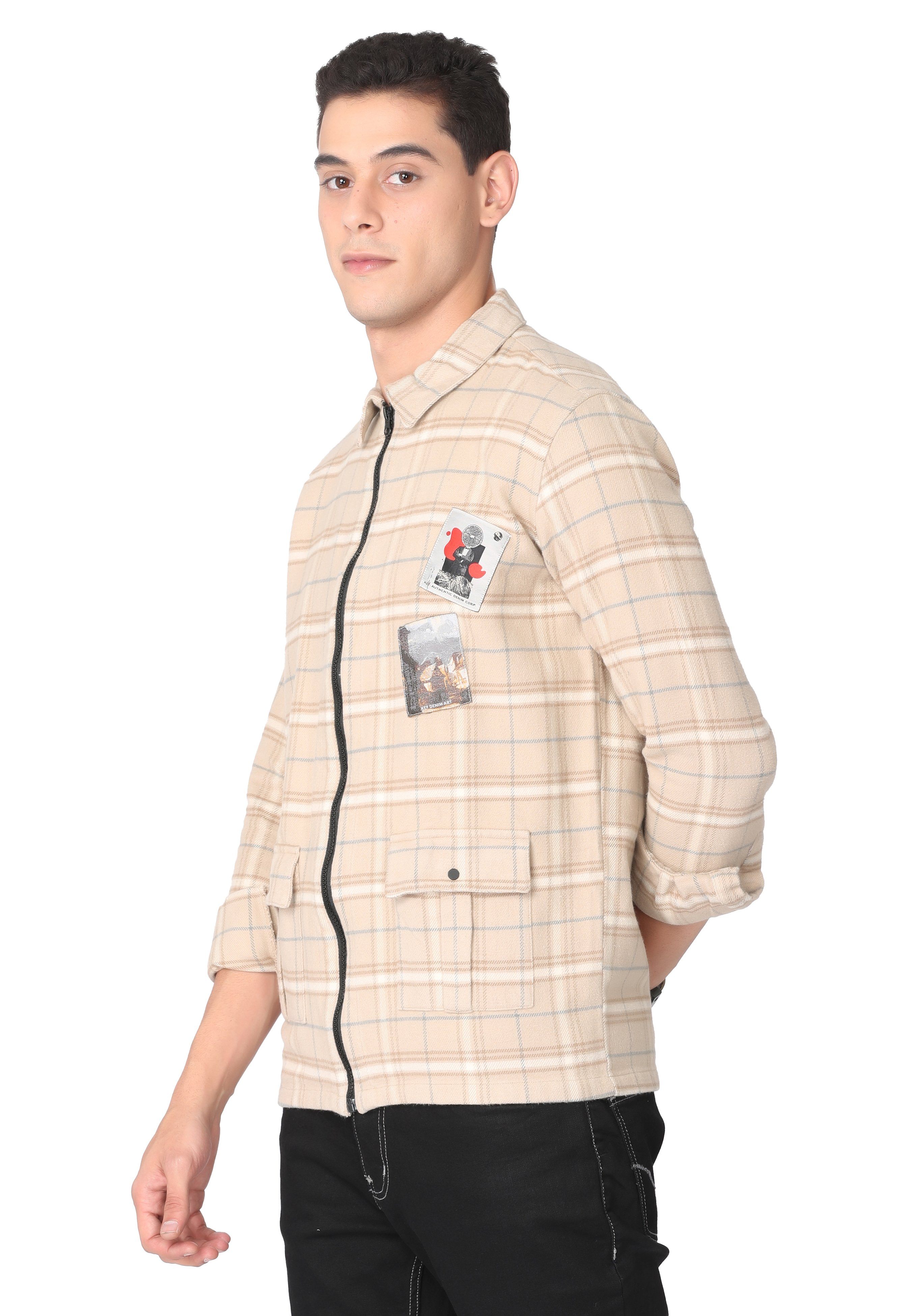 Pale Brown Print Zipper Jacket Over shirt KEF 