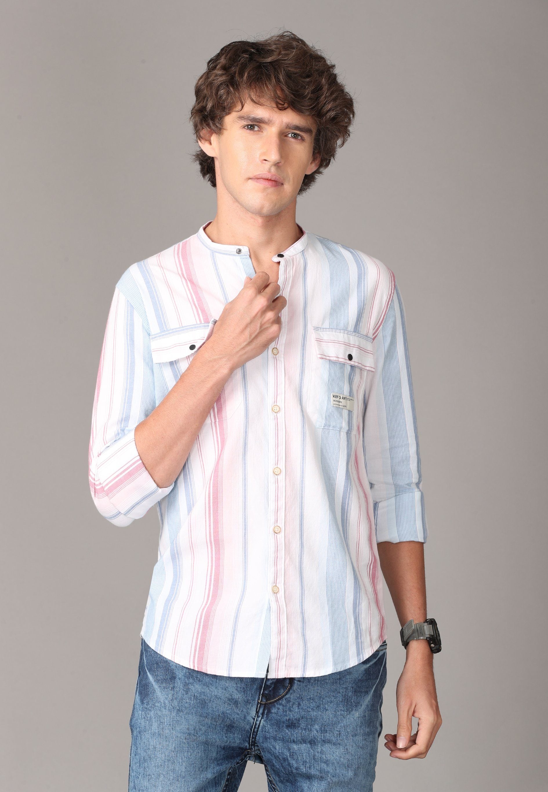 Red, Blue and White Triple Striped Full Sleeve Shirt Shirts KEF S 