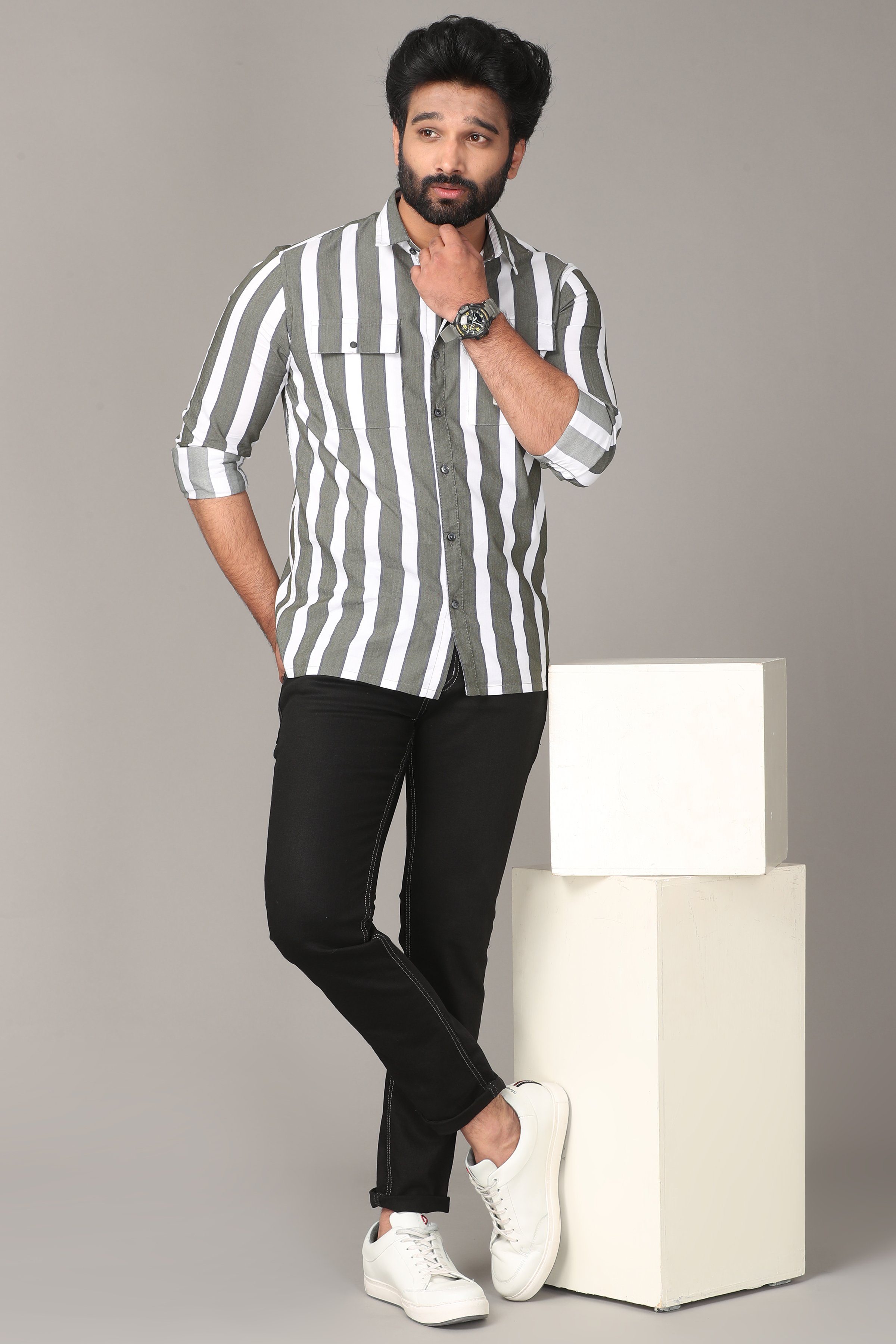 White and Grey Stripe Full Sleeve Shirt Shirts KEF 